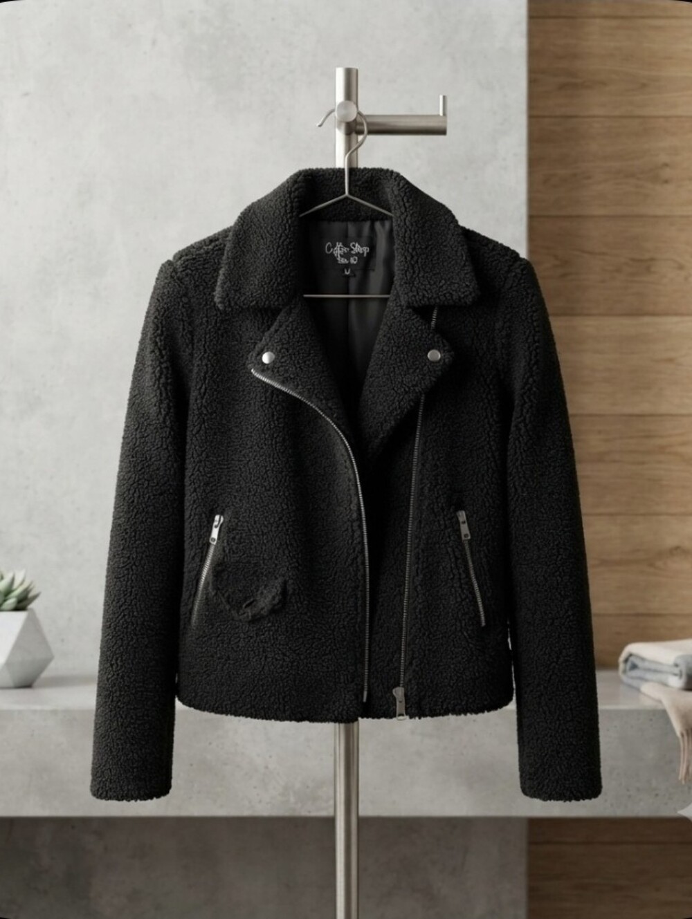 CoffeeShop Black Teddy Sherpa Moto Jacket - Women's